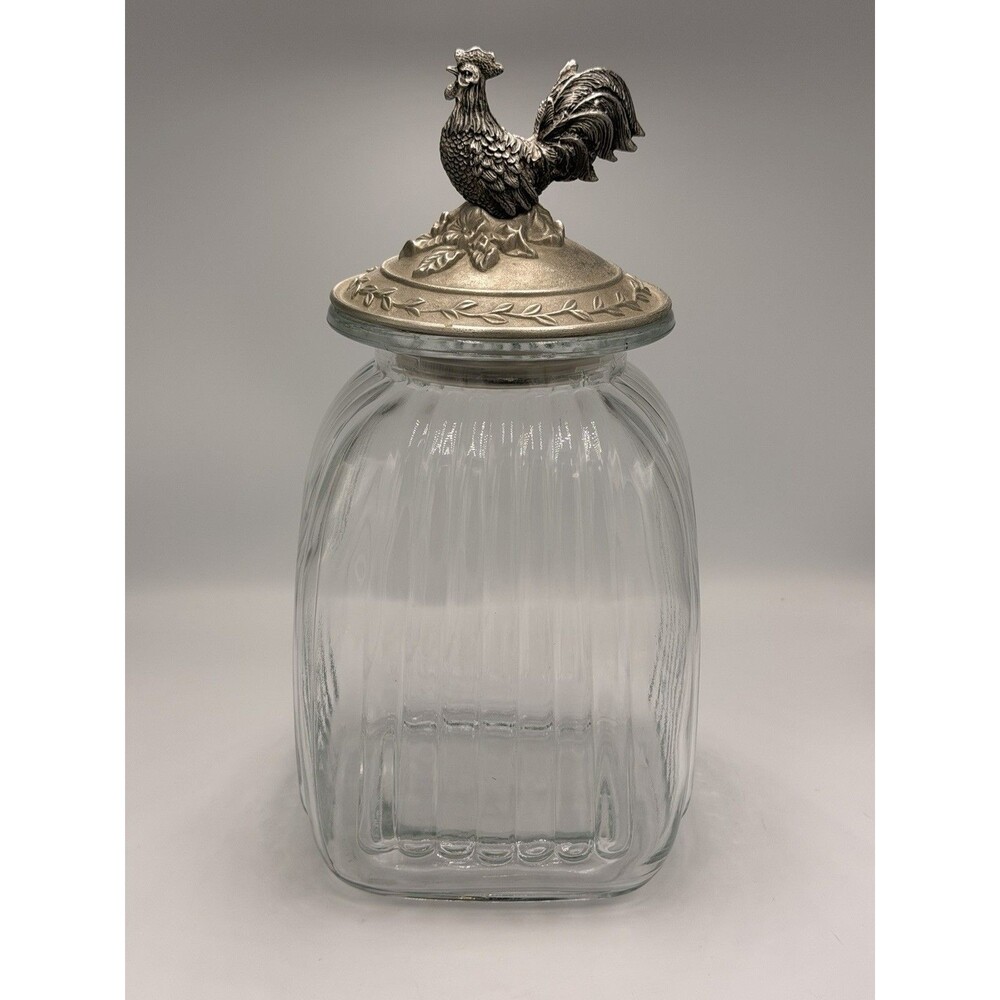 Rooster Glass Canister Ribbed Jar Metal Lid Farmhouse French Country Kitchen 13”